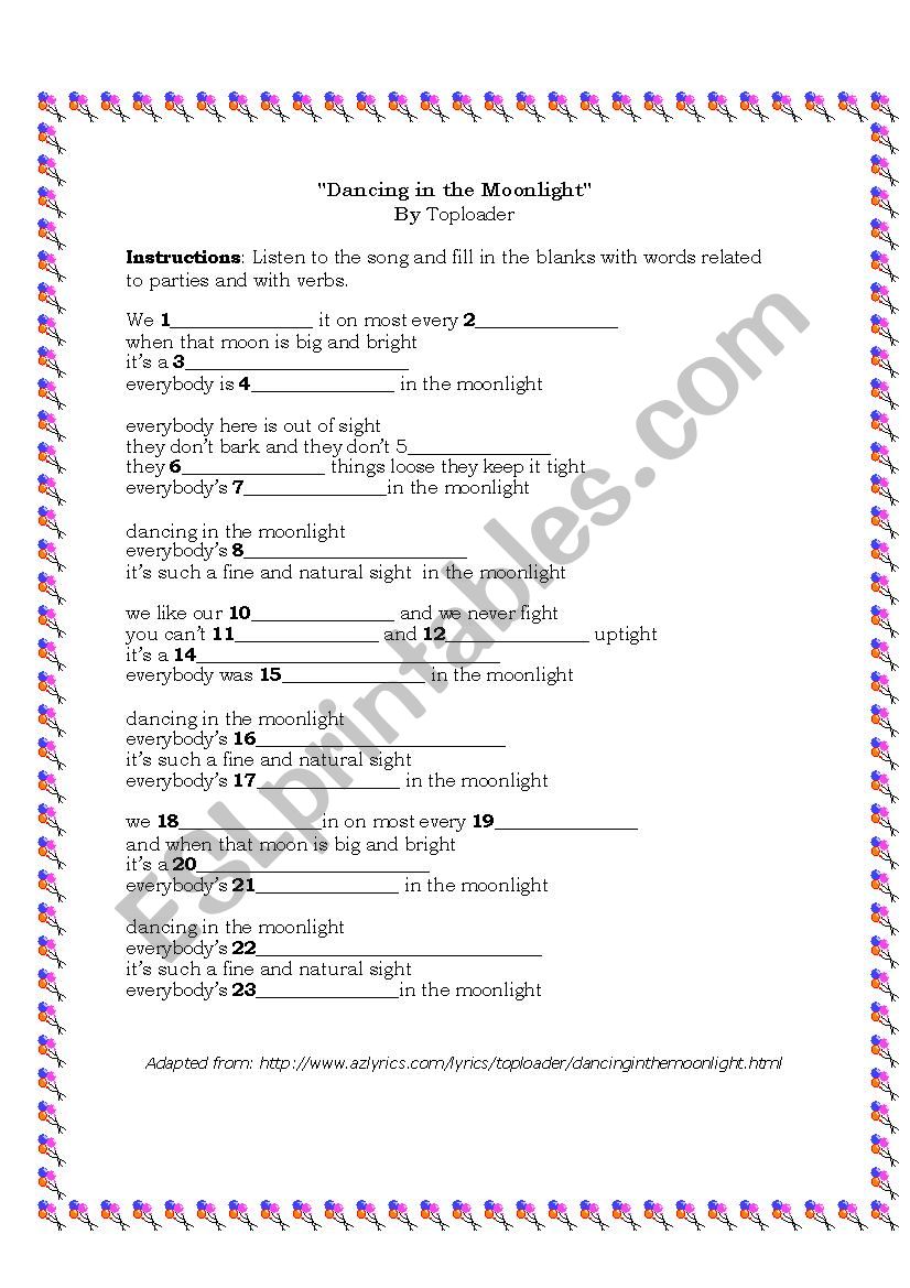 Dancing in the moonlight worksheet