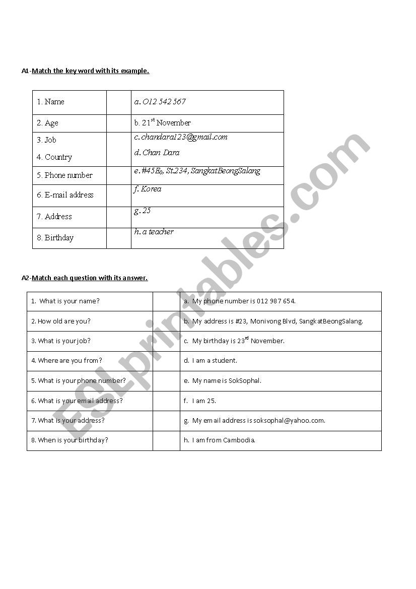 Personsal Detail worksheet