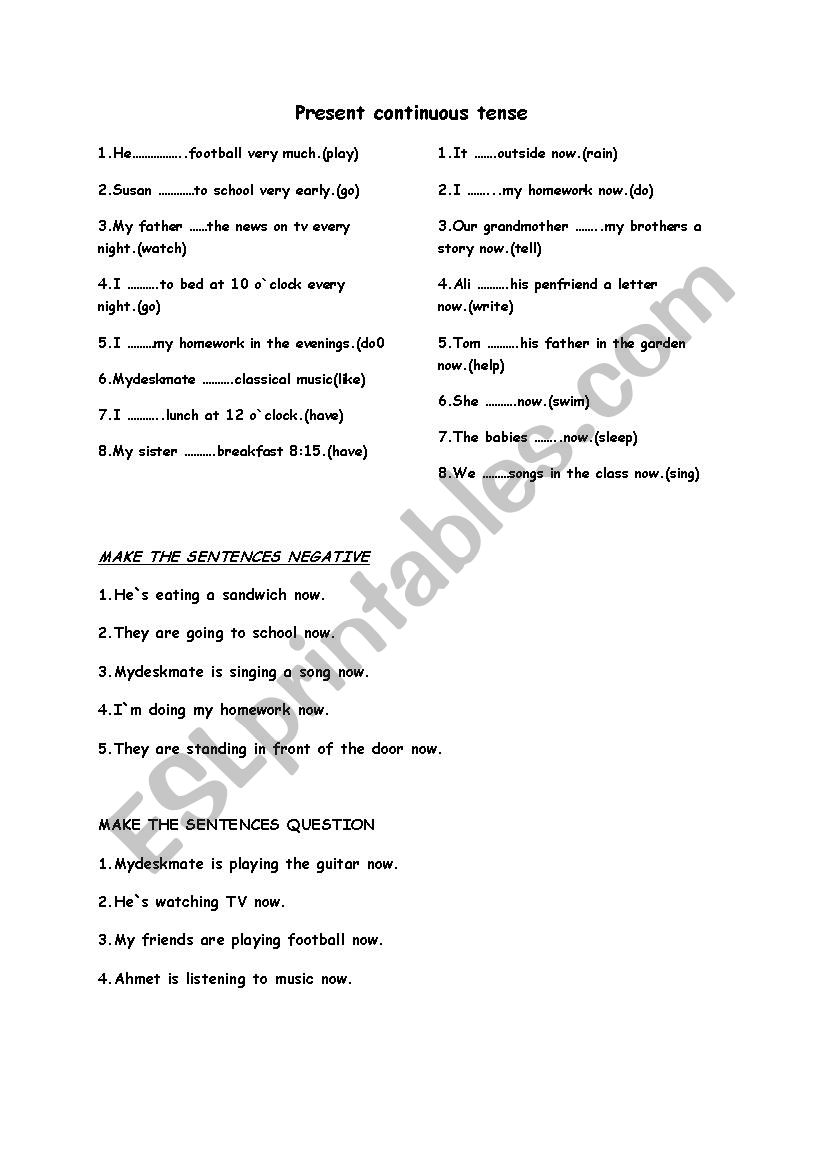 continous tense worksheet