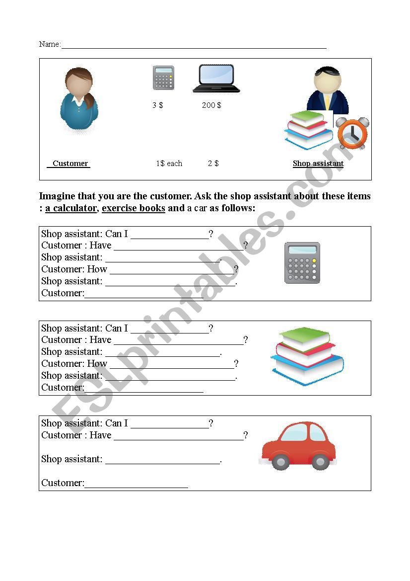 At the shop worksheet