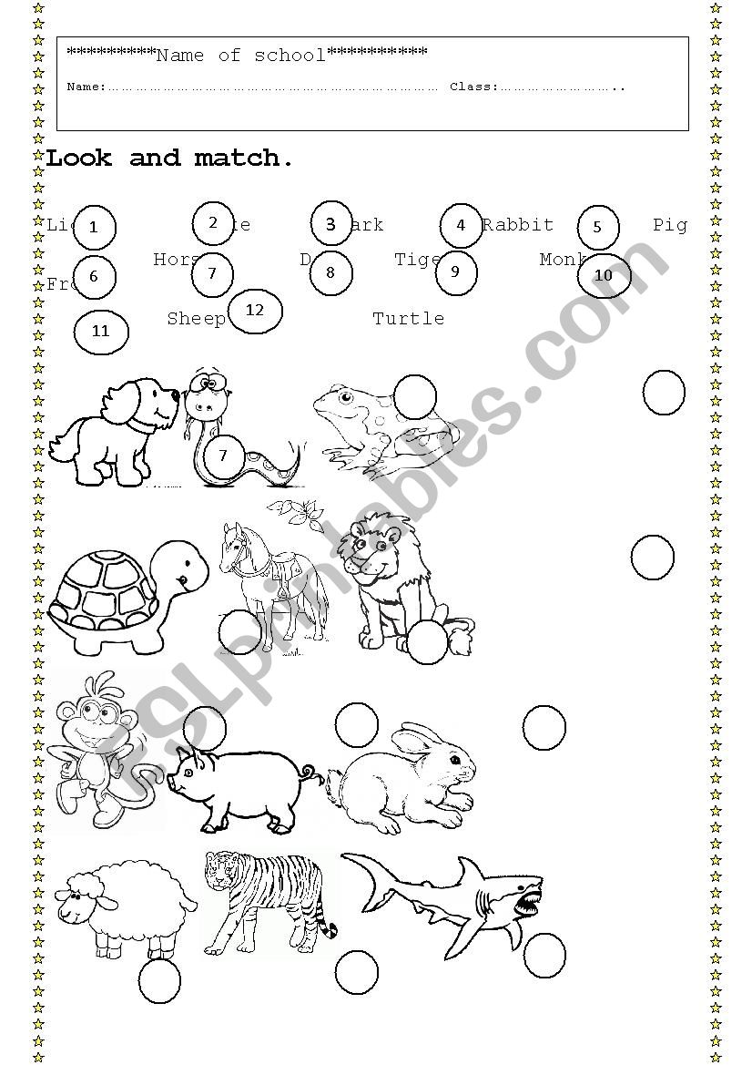 Animals (matching activity) worksheet