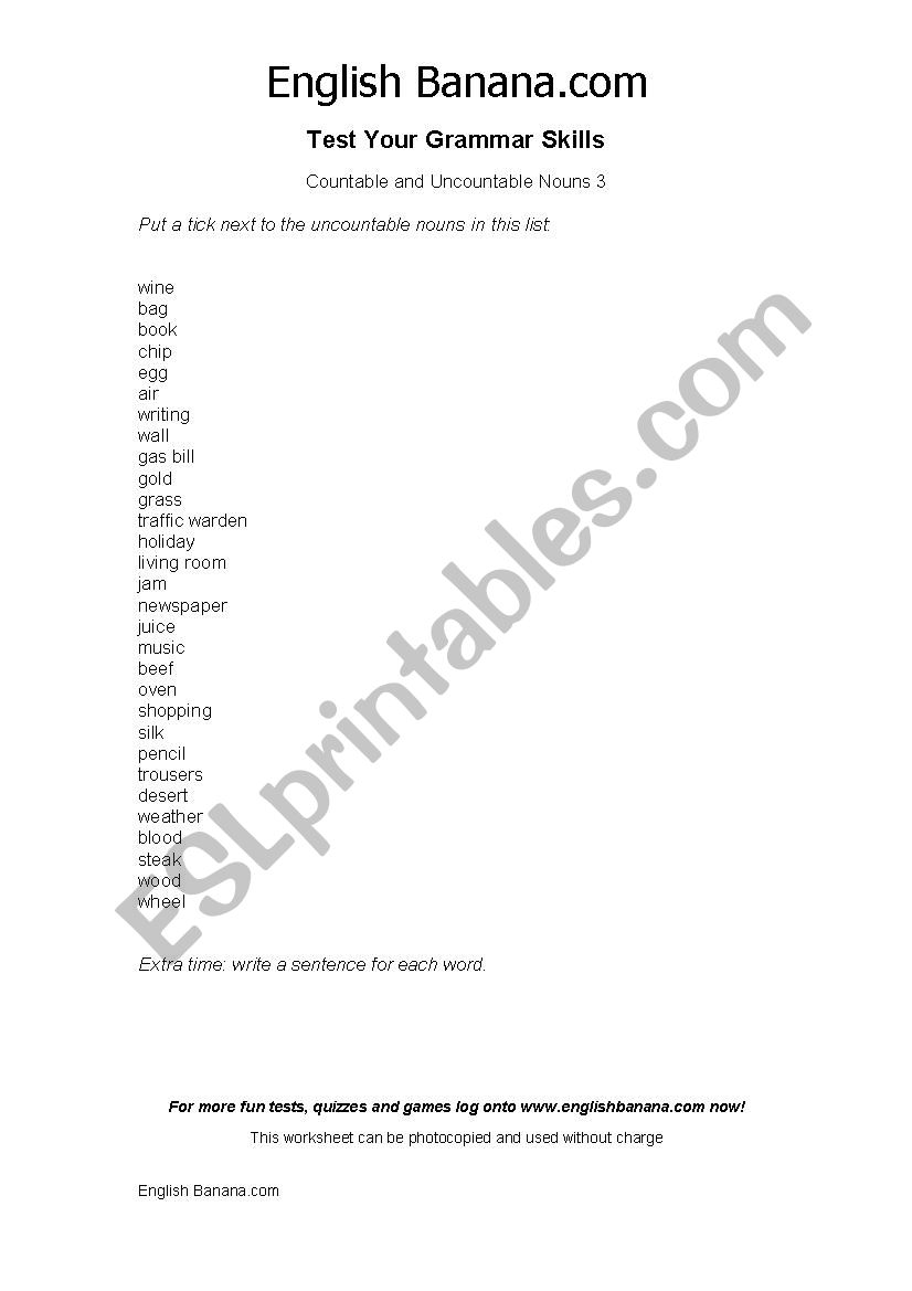 countables worksheet