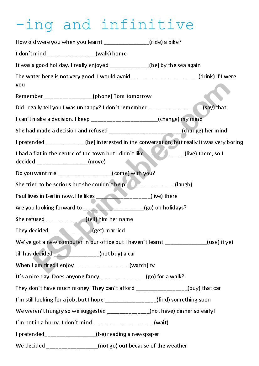 gerunds and infinitives worksheet