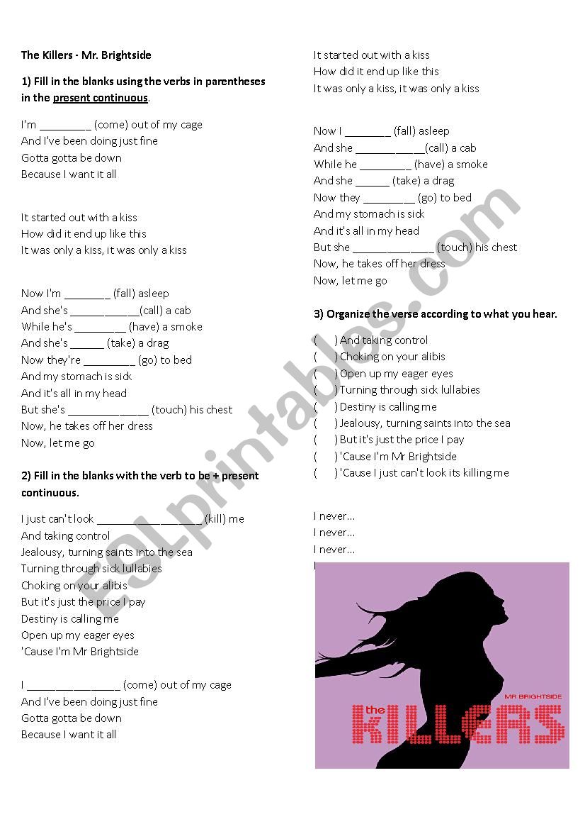 Mr Brightside - Continuous  worksheet