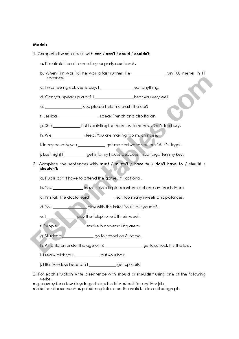 Modal verbs worksheet