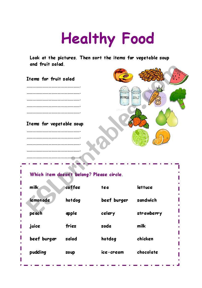 Healthy Food sorting exercise worksheet