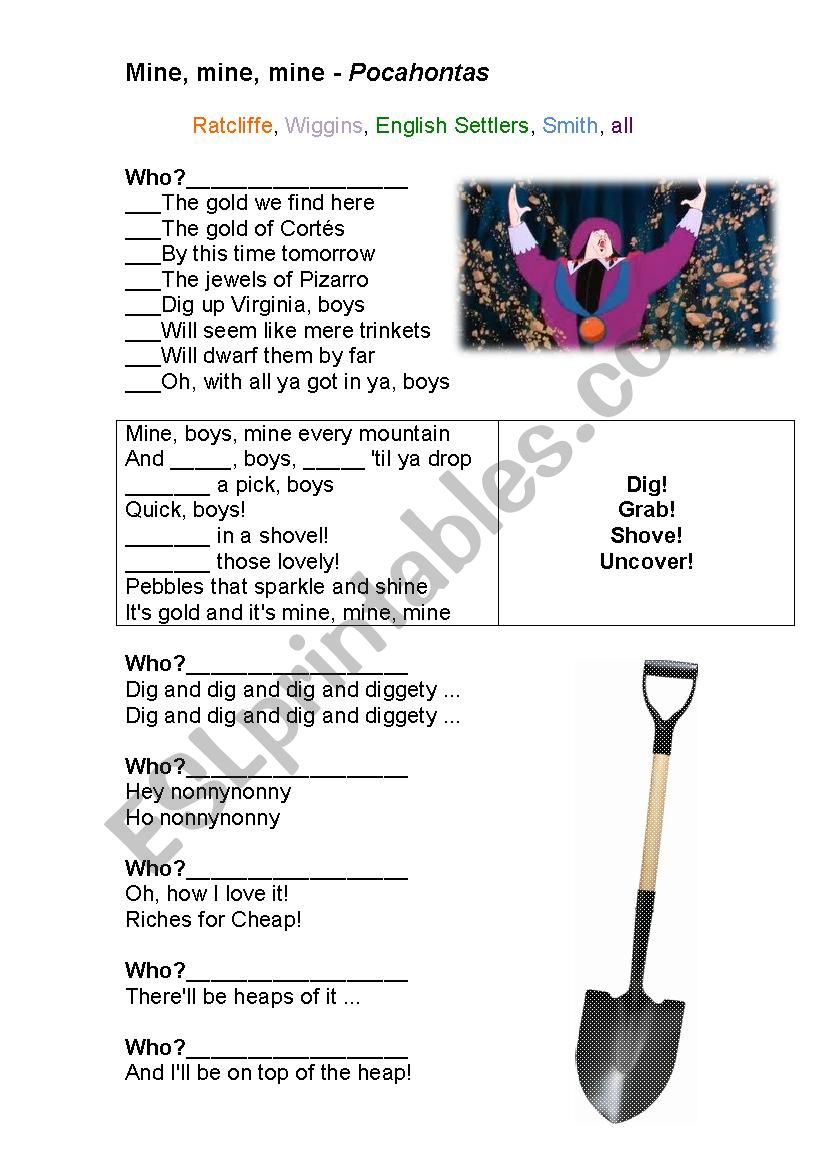 Mine, mine, mine - Pocahontas worksheet