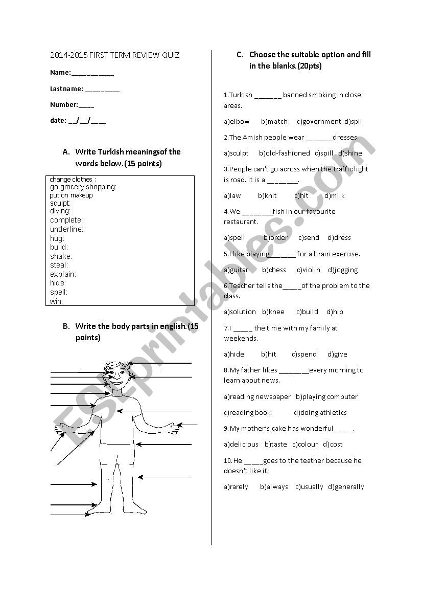 quiz for elementary students worksheet