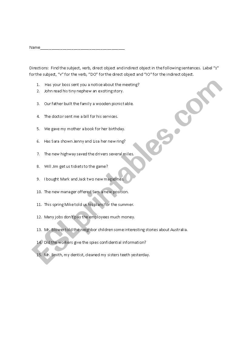 Direct and Indirect Objects worksheet
