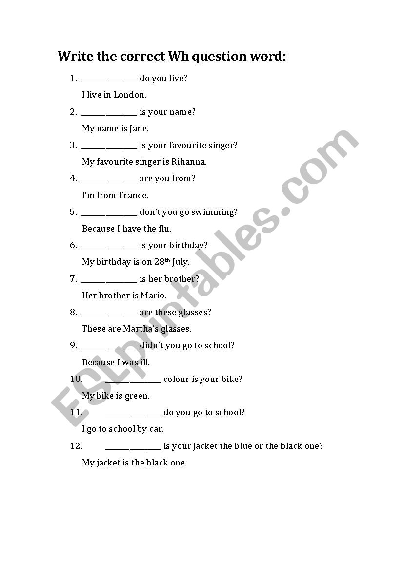 Wh questions worksheet