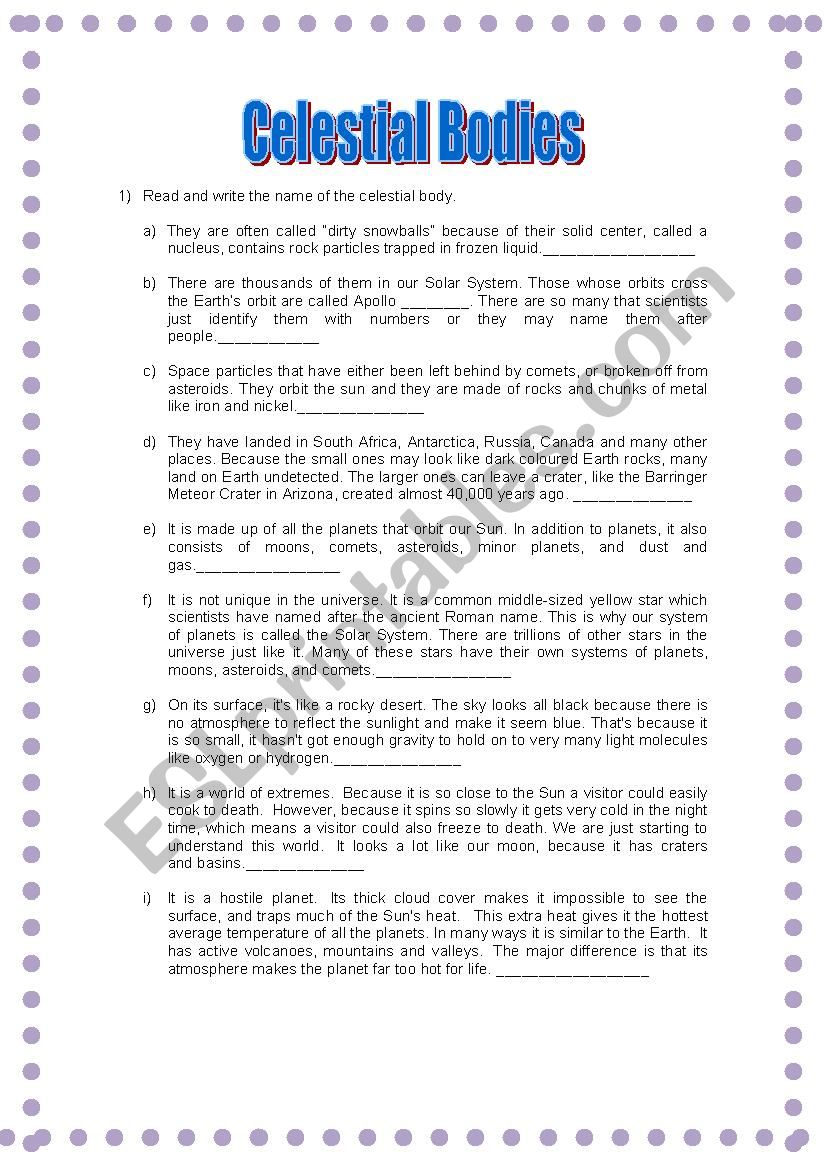 Celestial Bodies worksheet