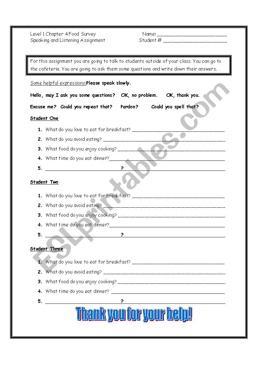 Food Survey worksheet