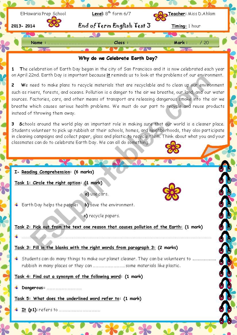 end of term English test 3  worksheet