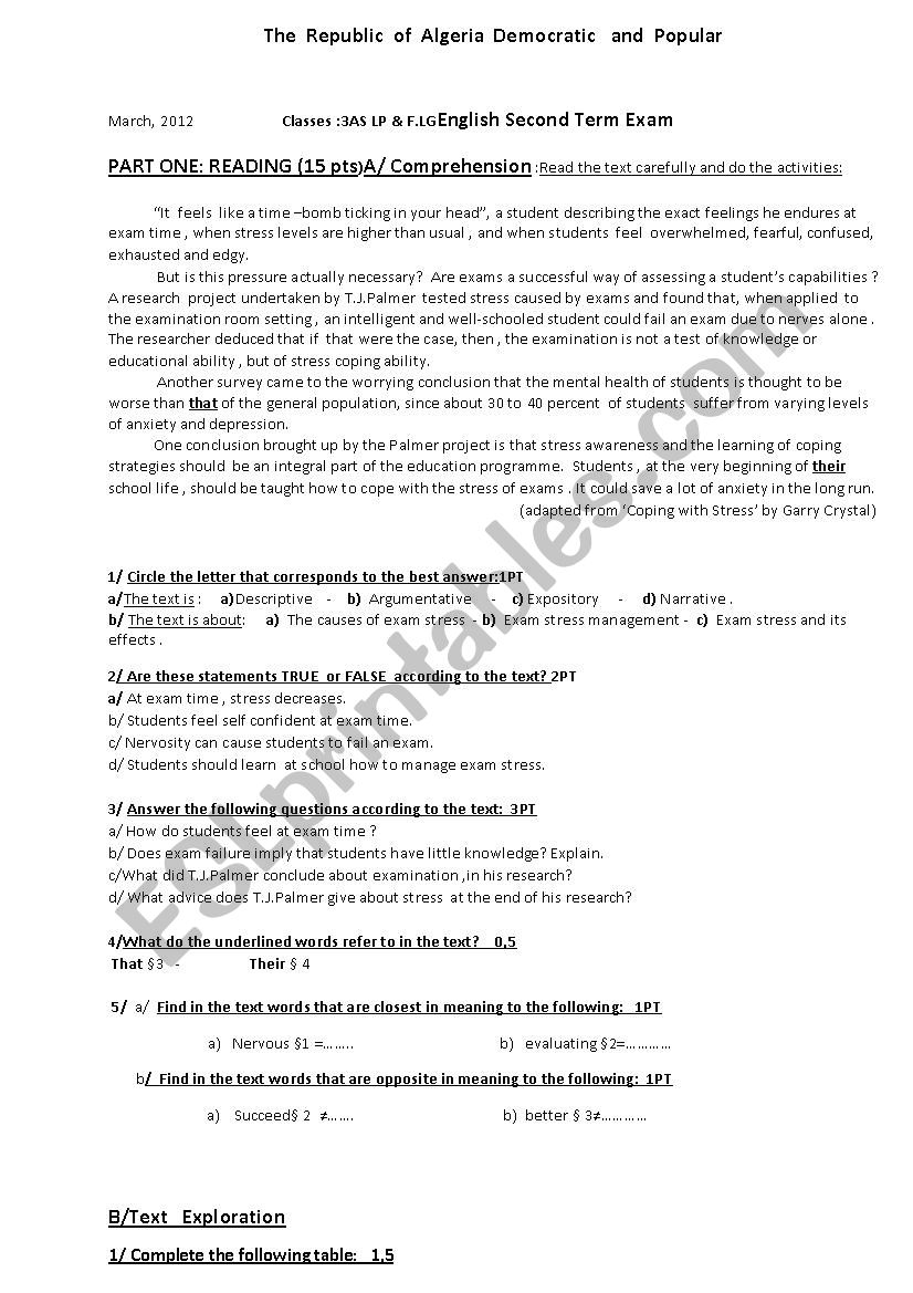 Exam Stress worksheet