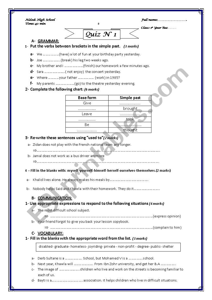 Quiz 1 for 1st year Baccalaureate