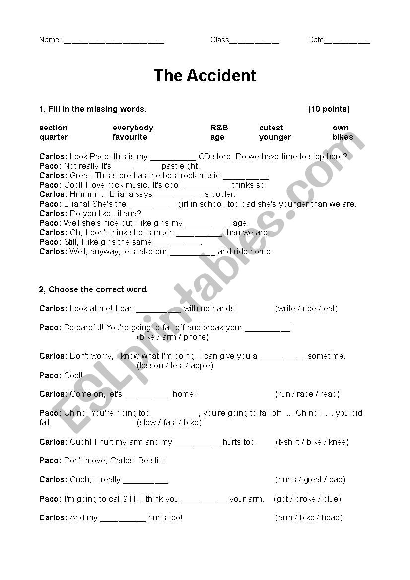 The Accident worksheet