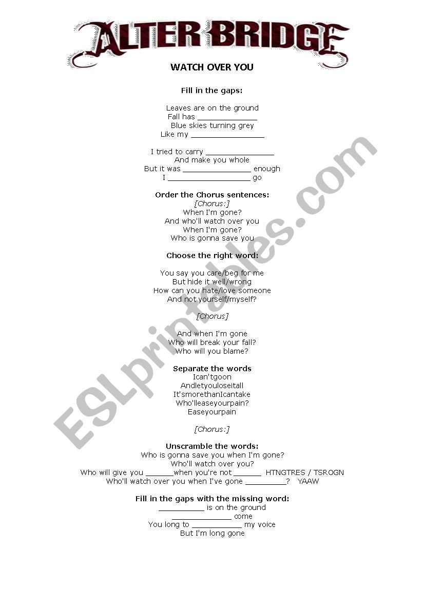 Alter Bridge - Watch Over You worksheet
