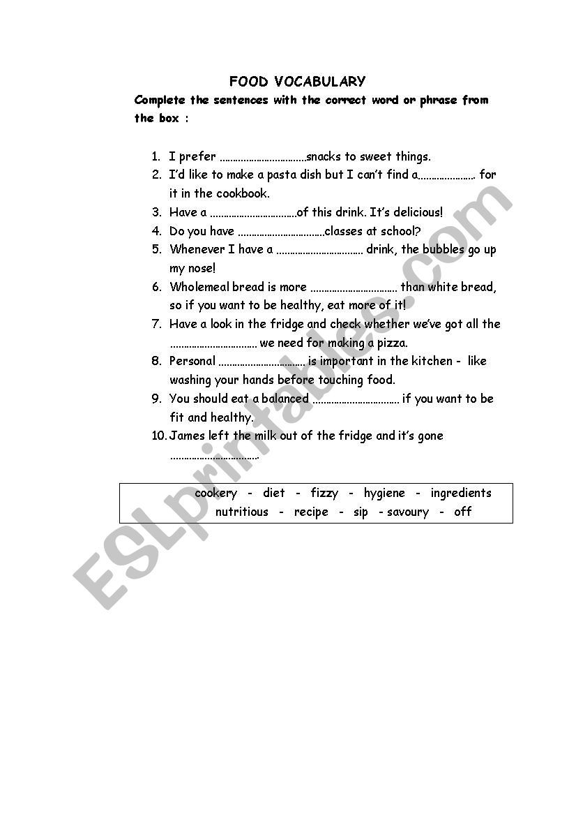 food vocabulary worksheet