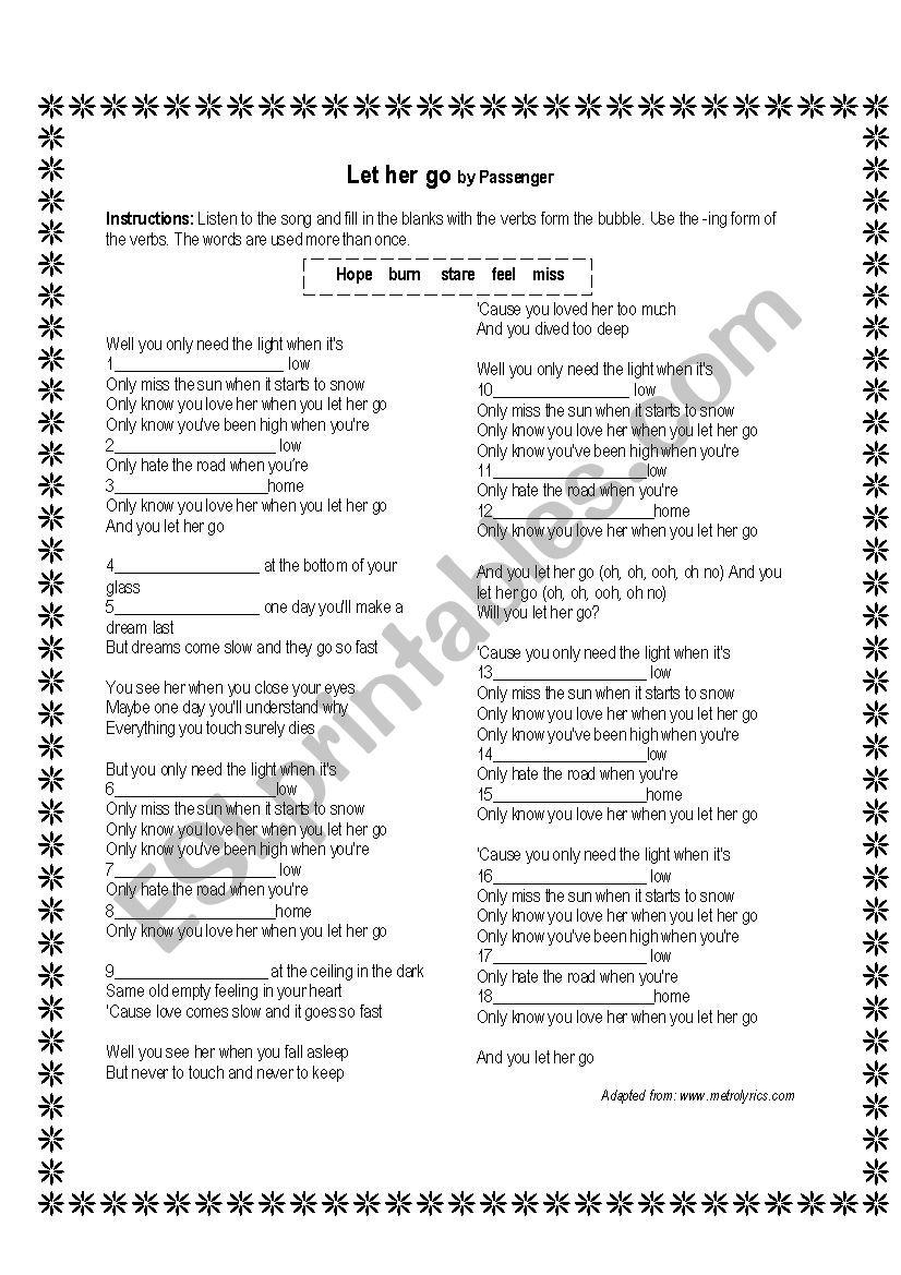 Let her go worksheet