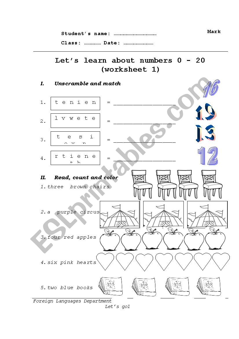 Number 0 to 20 worksheet