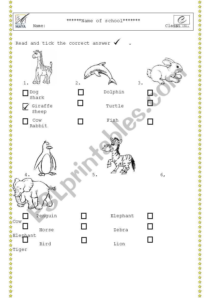 Animals (read and tick) worksheet