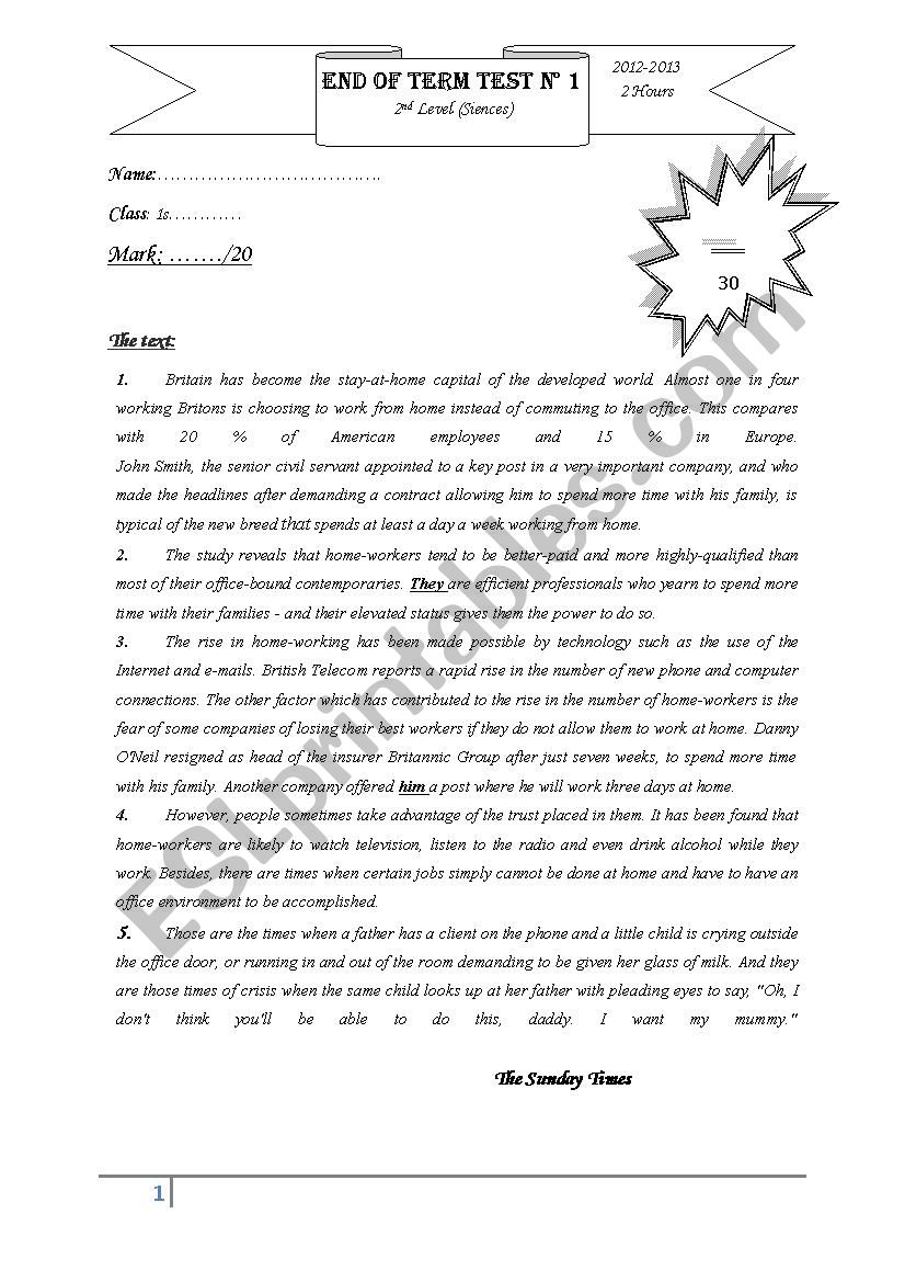 End of term test 1 2nd level worksheet