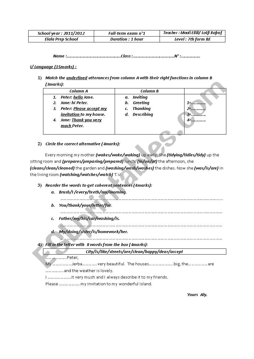 7th form test  worksheet