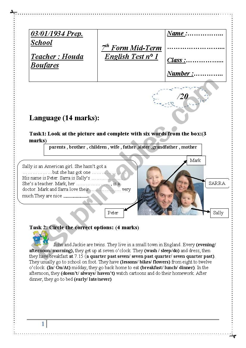 7th form mid term test worksheet