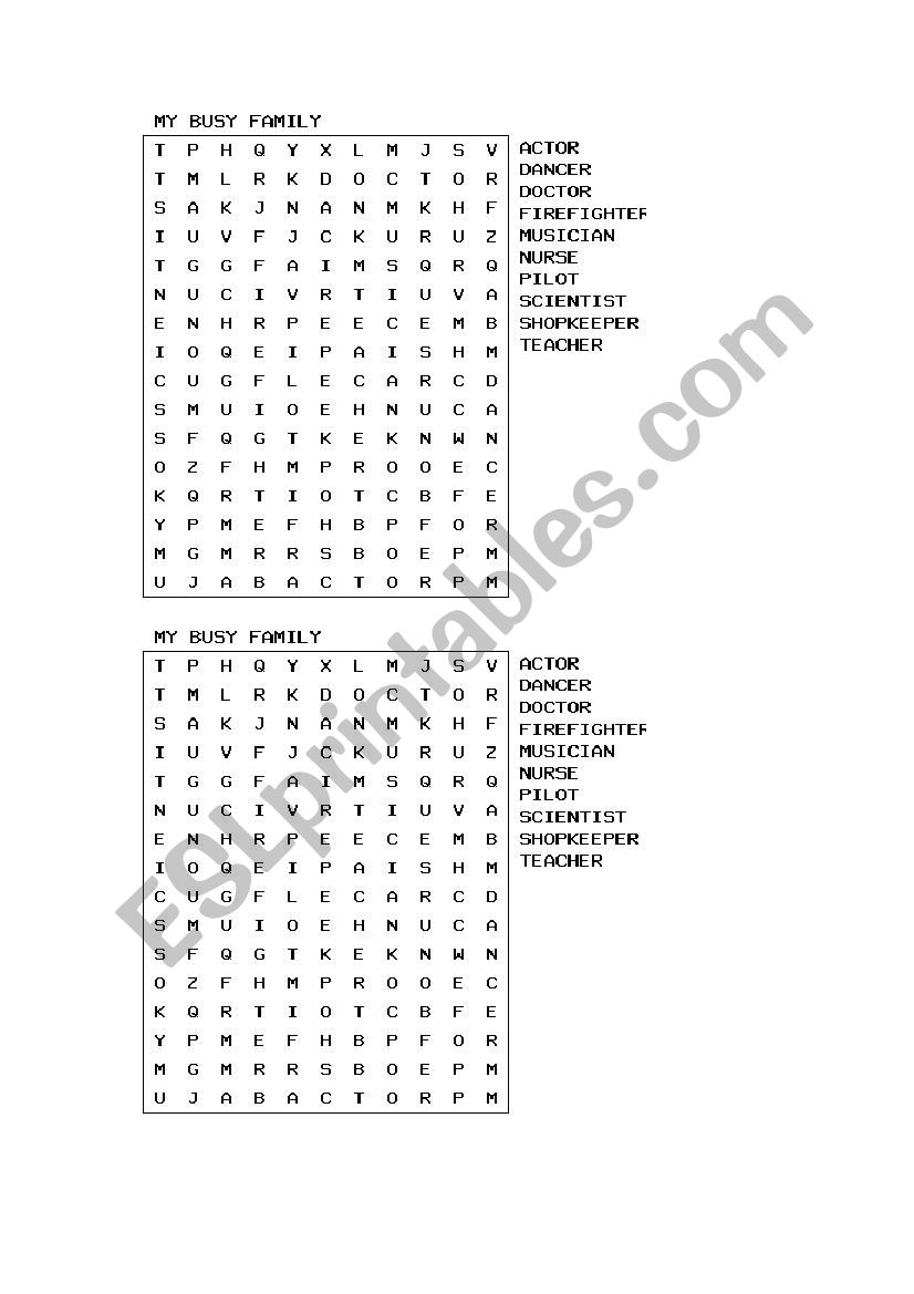 PROFESSIONS wordsearch worksheet