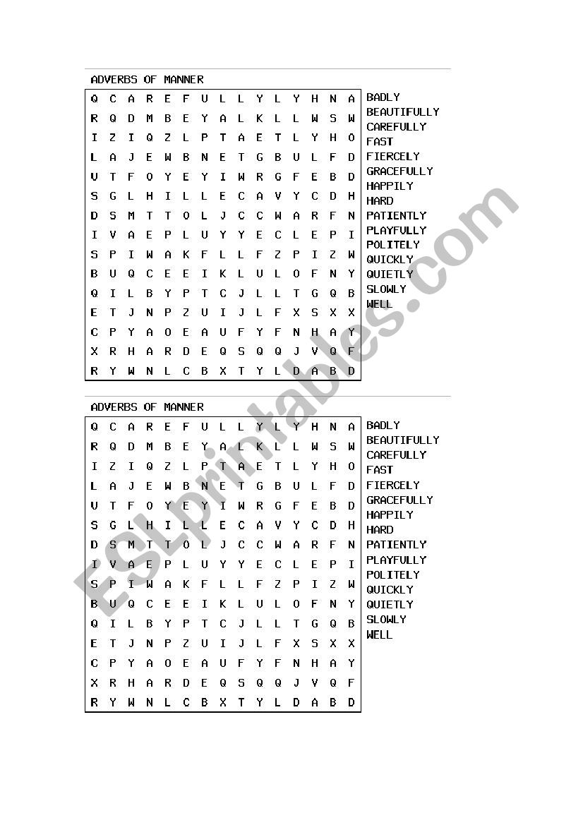 ADVERBS OF MANNER Word Search worksheet