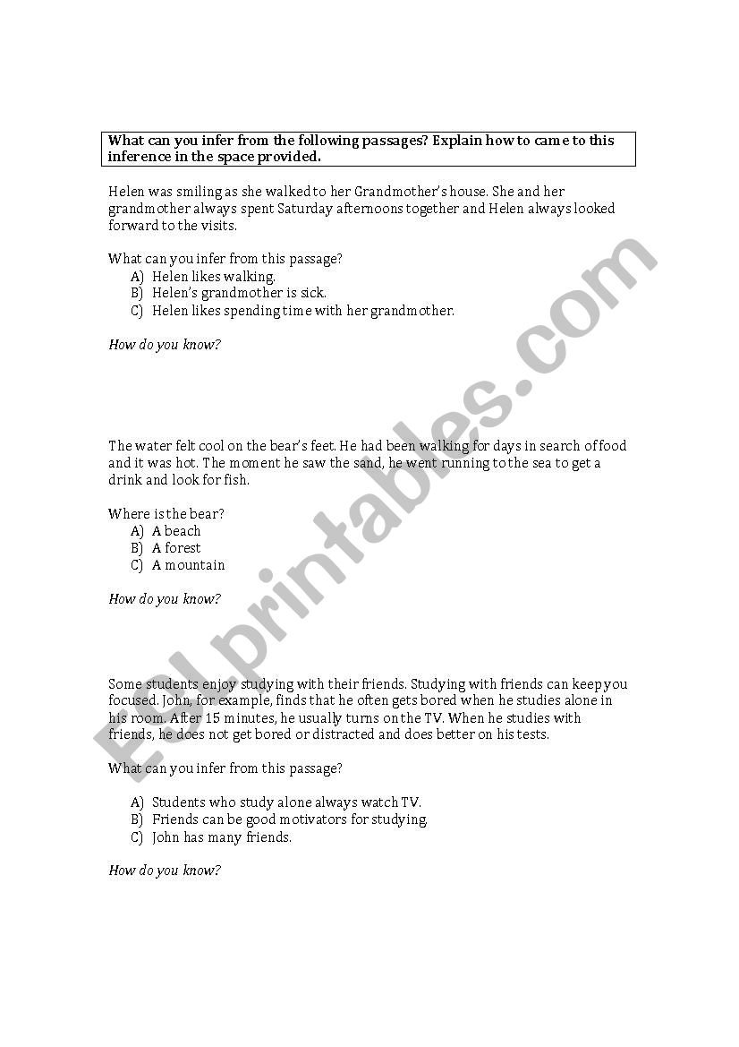 Inference exercise sheet worksheet