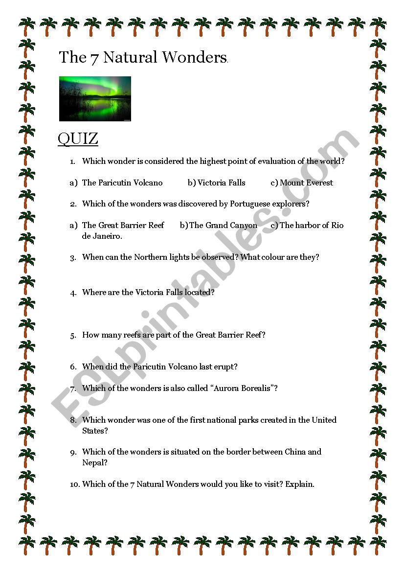 Natural Wonders Quiz worksheet