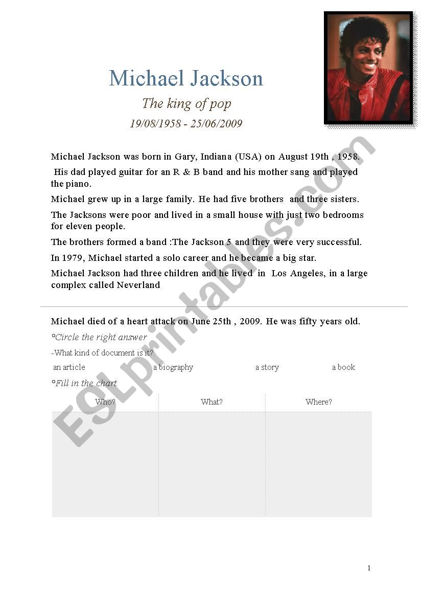 Michael Jacksons biography worksheet