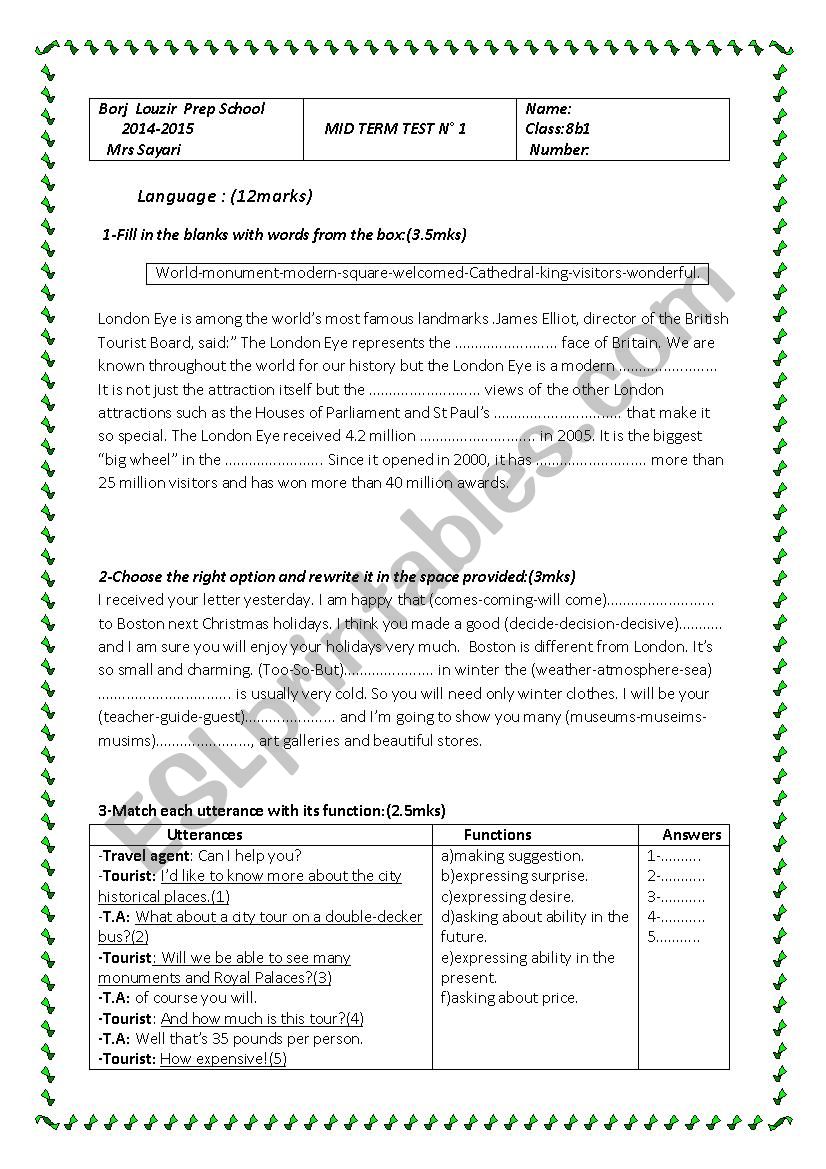 Mid Term Test n 1 8th form (Tunisian Schools)