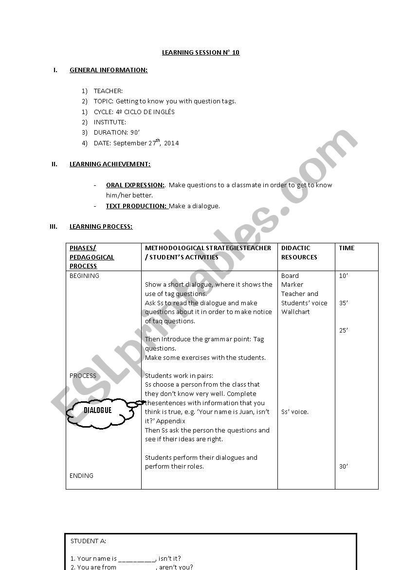 LESSON PLAN: TAG QUESTIONS worksheet