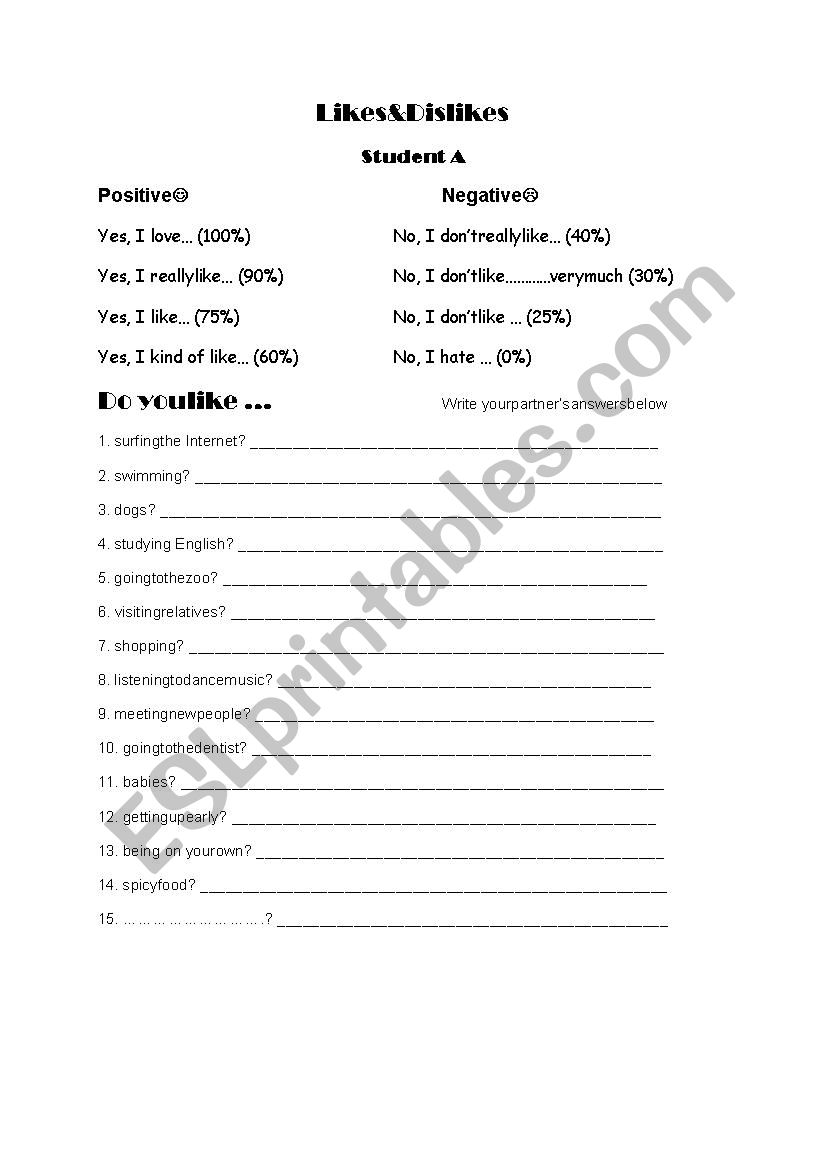 Likes & dislikes worksheet