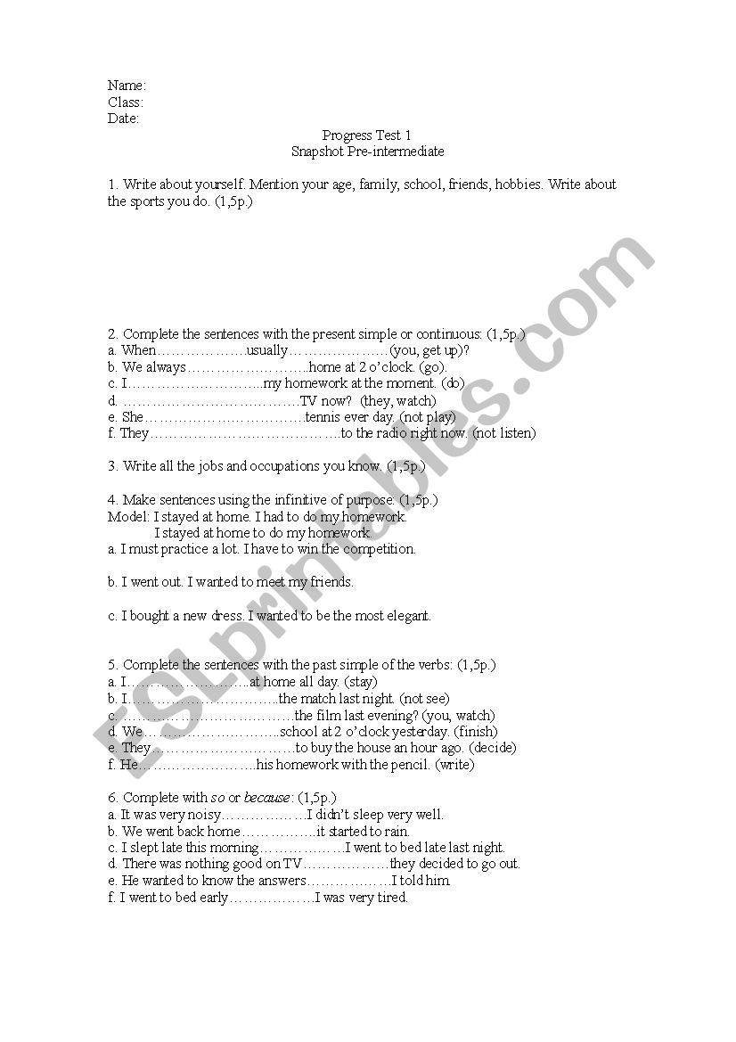 Progress test worksheet