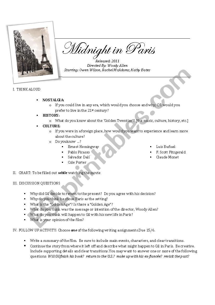 Midnight in Paris worksheet