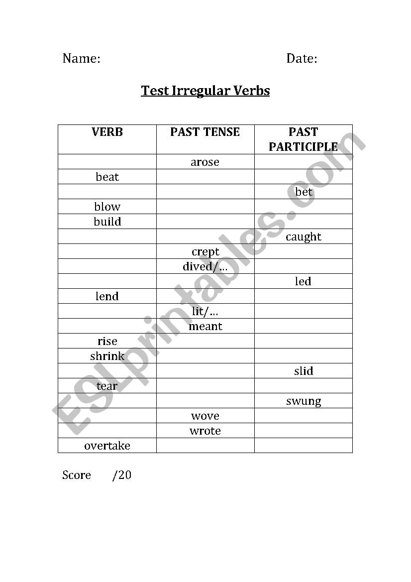 Test + Answer Key Irregular Verbs