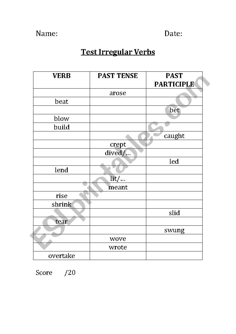 Test Answer Key Irregular Verbs ESL Worksheet By Nmeyer