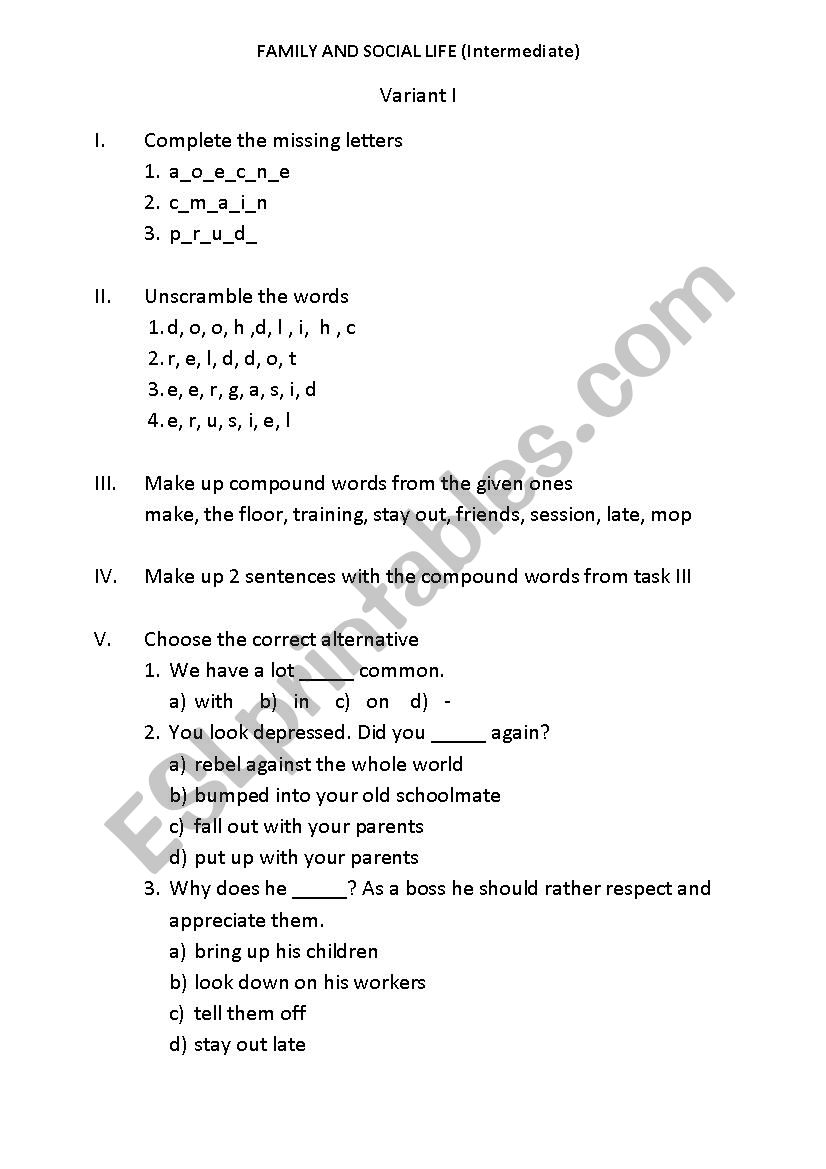 Family and social life (intermediate)