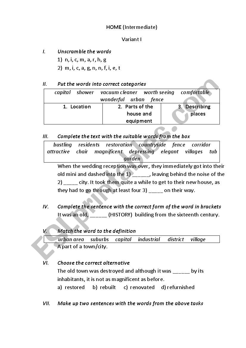 Home (intermediate) worksheet