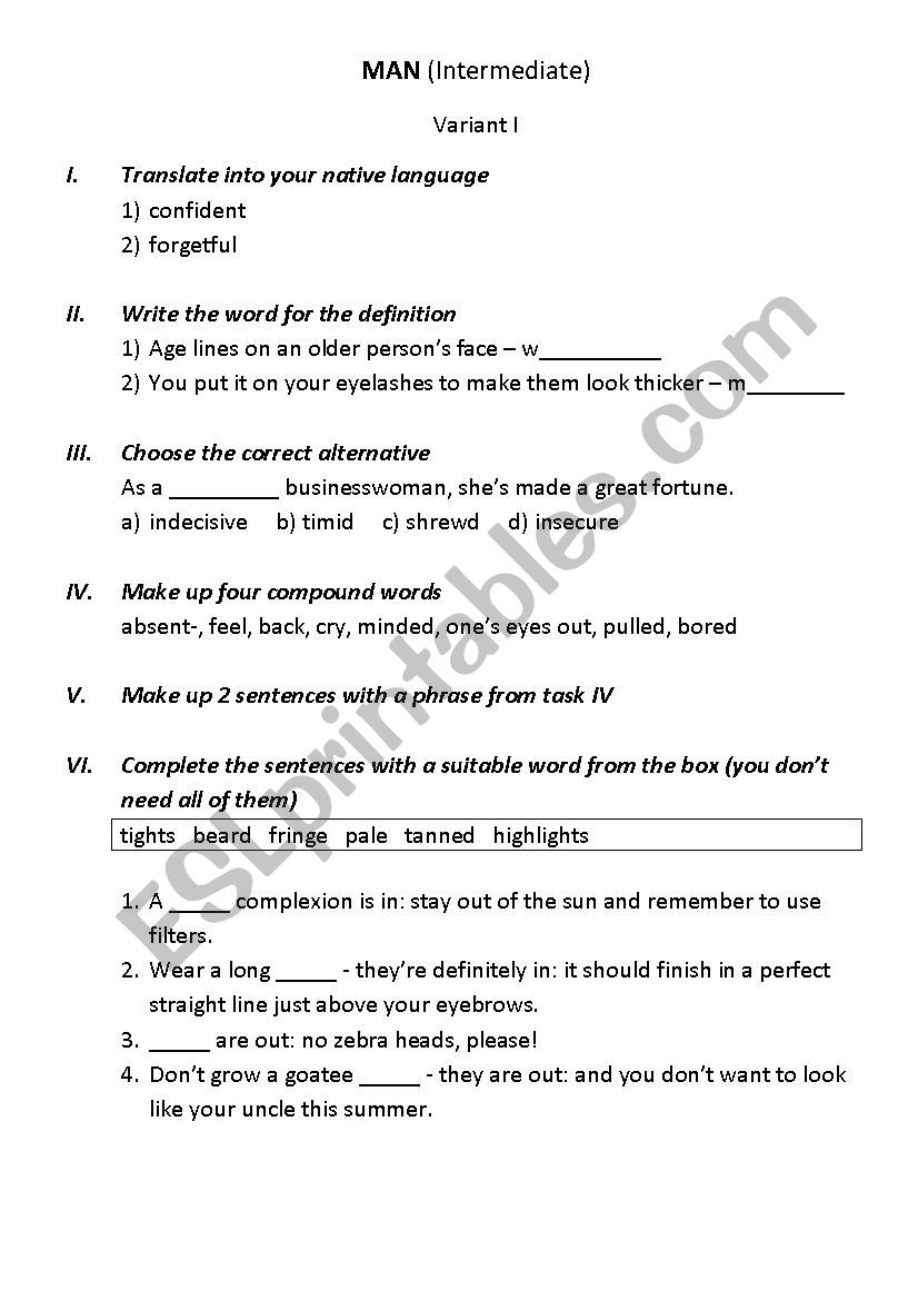 Man (intermediate) worksheet