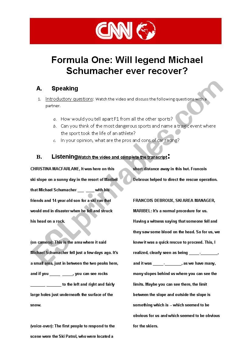 CNN Michael Schumacher worksheet