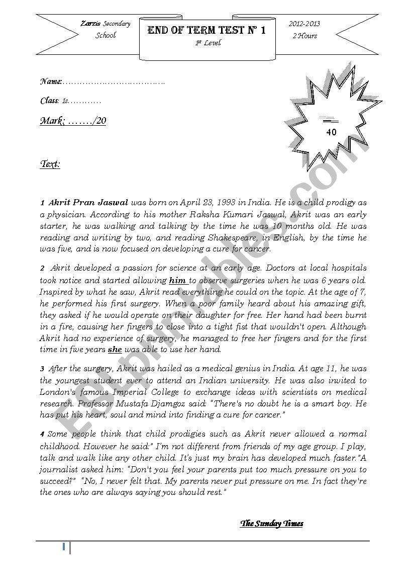 End of term test 1 first  level