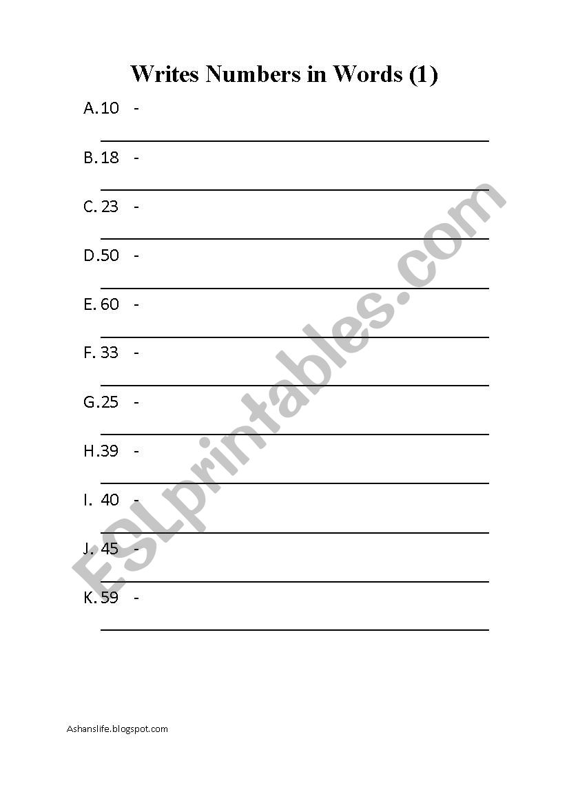 Numbers In Words worksheet