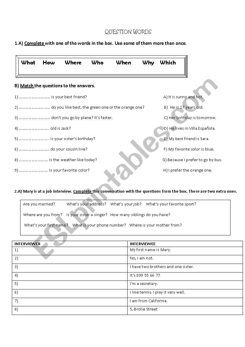 Question Words worksheet