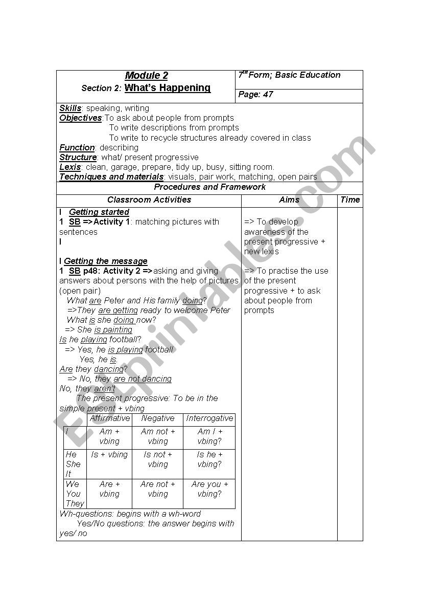 7th form lesson plan whats happening module two section 2