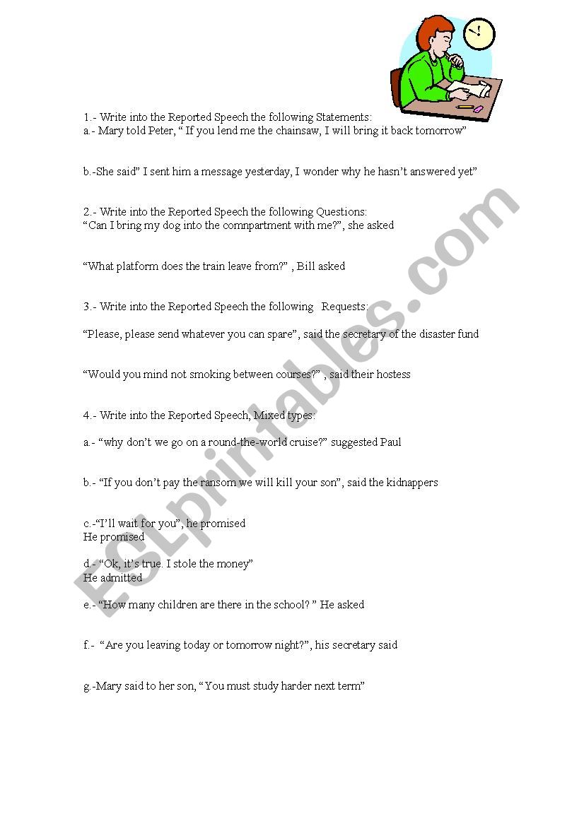 Reported speech - mixed types worksheet