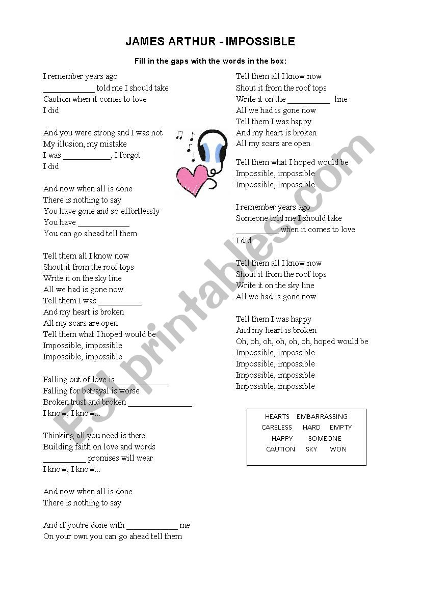 James Arthur. Impossible worksheet